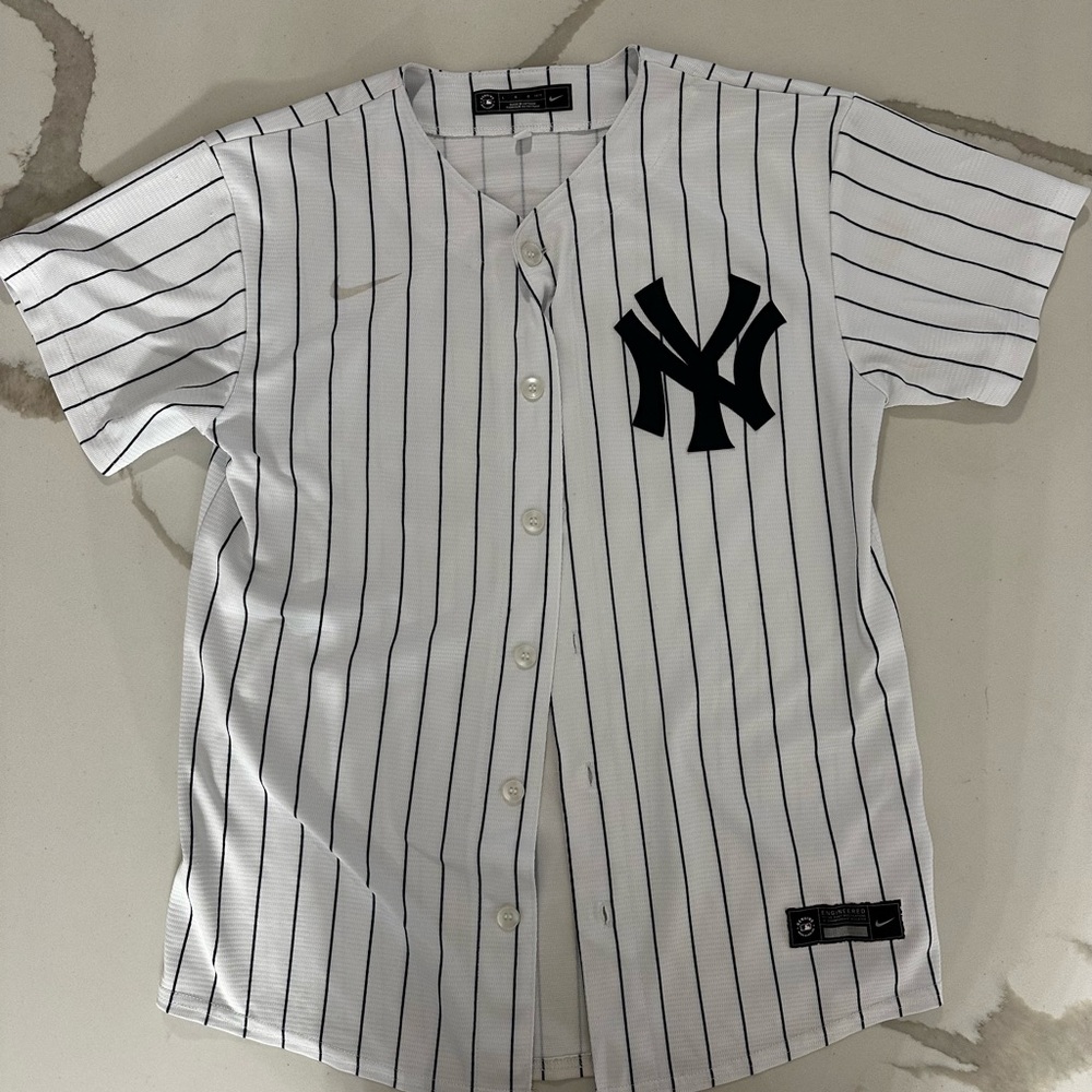 NY Yankees Youth MLB Kids Pinstripe Baseball Jersey - White/Navy